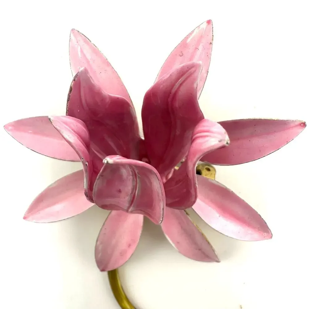 Original by Robert signed vintage gold tone pink green enamel 3D flower brooch